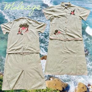 Vintage Womens Tropical Beach Midi Dress and Shirt Linen Embroidered Paradise XL